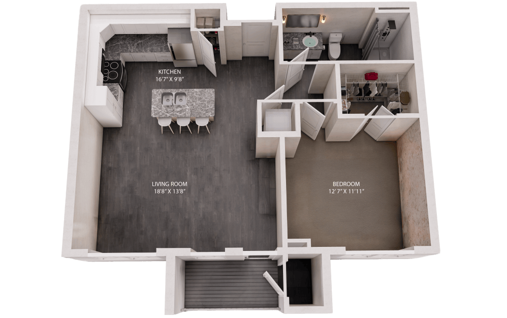 The East - 1 bedroom floorplan layout with 1 bathroom and 743 square feet (2D)