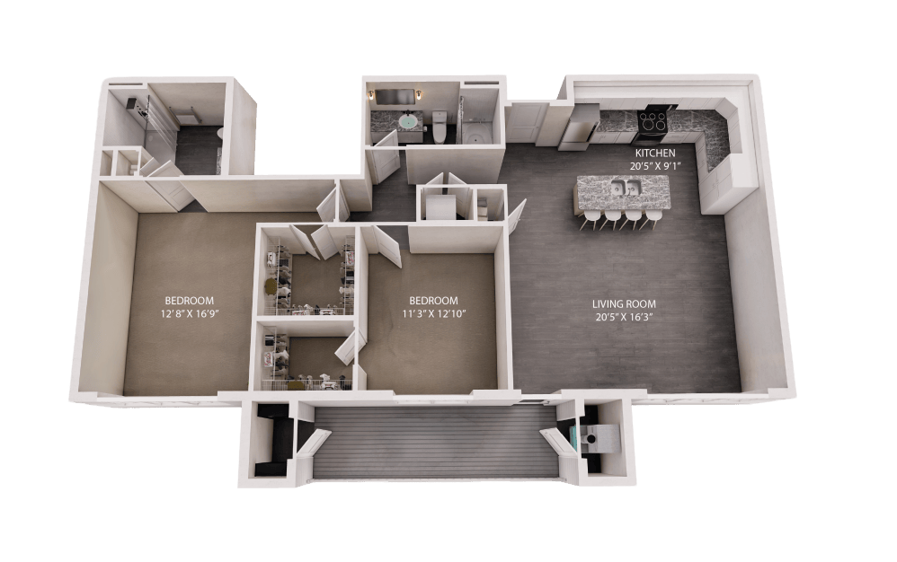 The Junction - 2 bedroom floorplan layout with 2 bathrooms and 1254 square feet (2D)