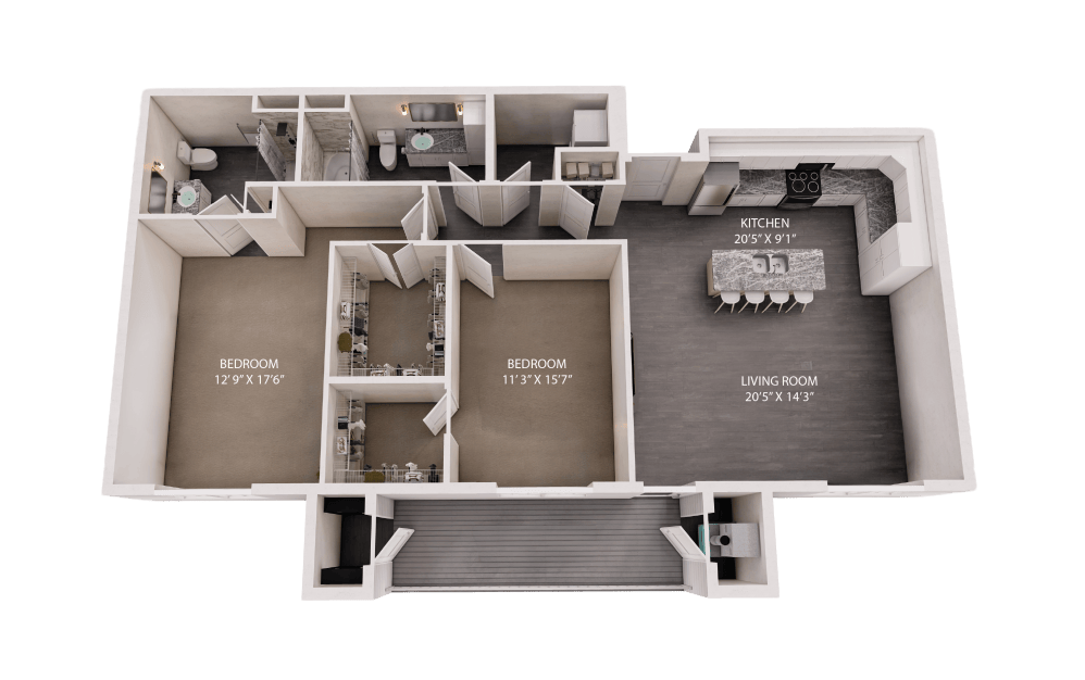 The Meridian - 2 bedroom floorplan layout with 2 bathrooms and 1343 - 1630 square feet (2D)