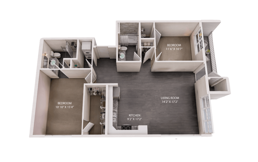 The Union - 2 bedroom floorplan layout with 2 bathrooms and 1034 square feet (2D)