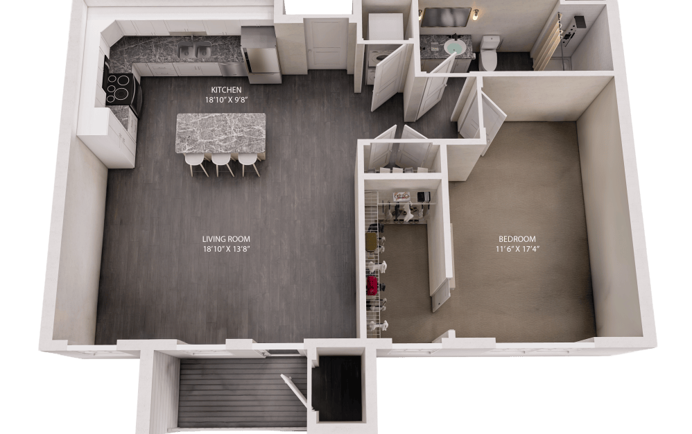 The Wheeler - 1 bedroom floorplan layout with 1 bathroom and 848 square feet (2D)