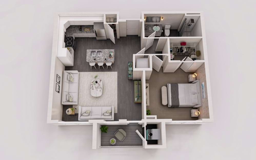The East - 1 bedroom floorplan layout with 1 bathroom and 743 square feet (3D)