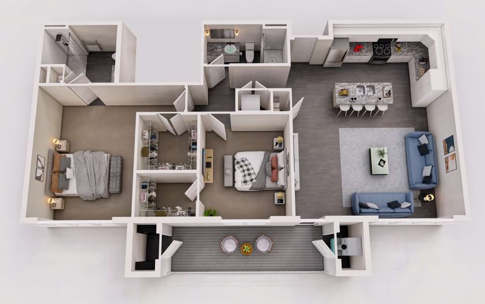 The Junction - 2 bedroom floorplan layout with 2 bathrooms and 1254 square feet (3D)