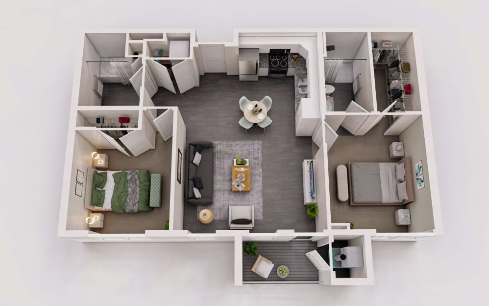 The Main - 2 bedroom floorplan layout with 2 bathrooms and 919 square feet (3D)