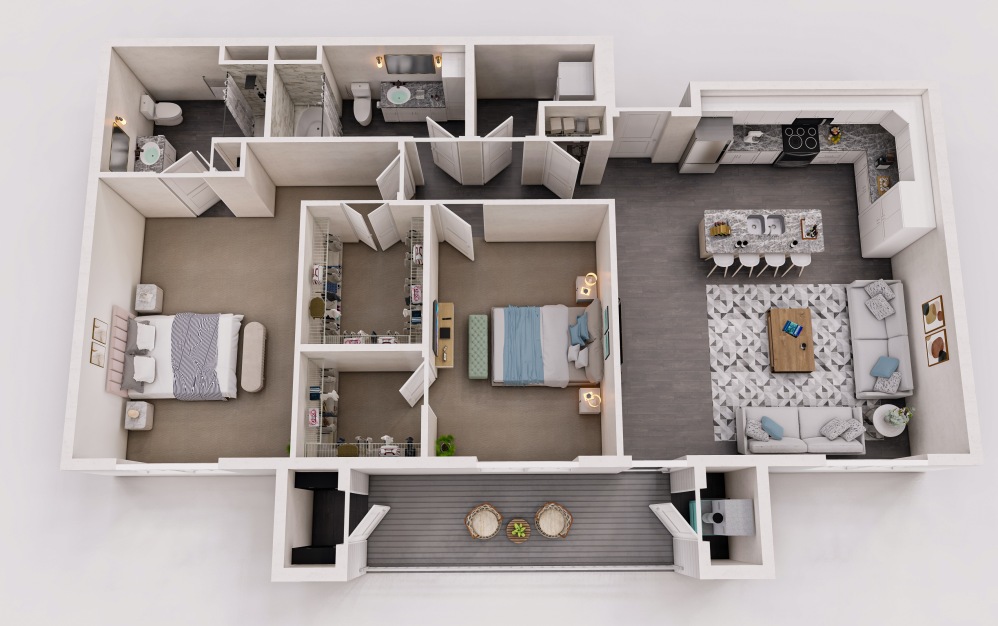The Meridian - 2 bedroom floorplan layout with 2 bathrooms and 1343 - 1630 square feet