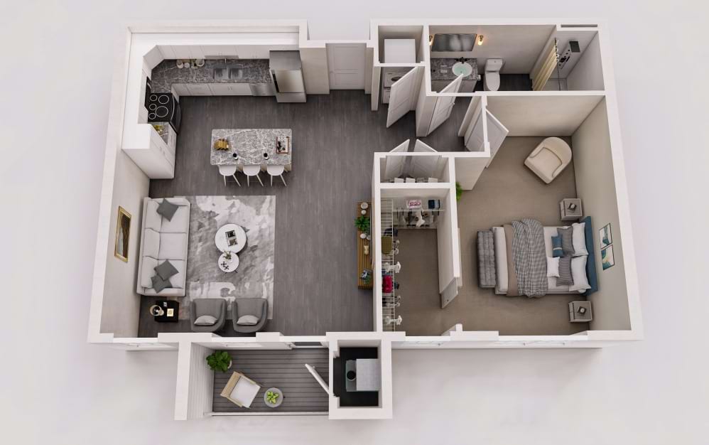 The Wheeler - 1 bedroom floorplan layout with 1 bathroom and 848 square feet (3D)