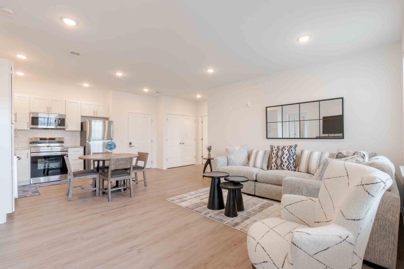 a living room furniture and a wood floor